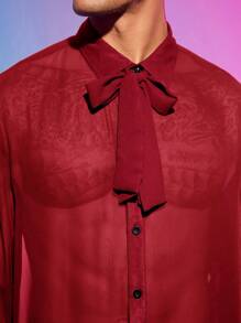 Manfinity Fever City Men Tie Neck Button Front Sheer Shirt - Red - View 6