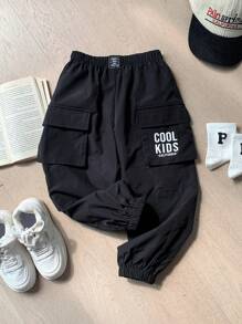 SHEIN Leap Crew 男童休閒寬鬆街頭風3d口袋透氣舒適裝扮褲,適用於春夏季節 - 黑色 - 查看 3
