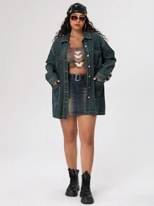 SHEIN ICON 大尺碼女式復古多口袋洗水長外套 - 深色水洗藍 - 查看 3