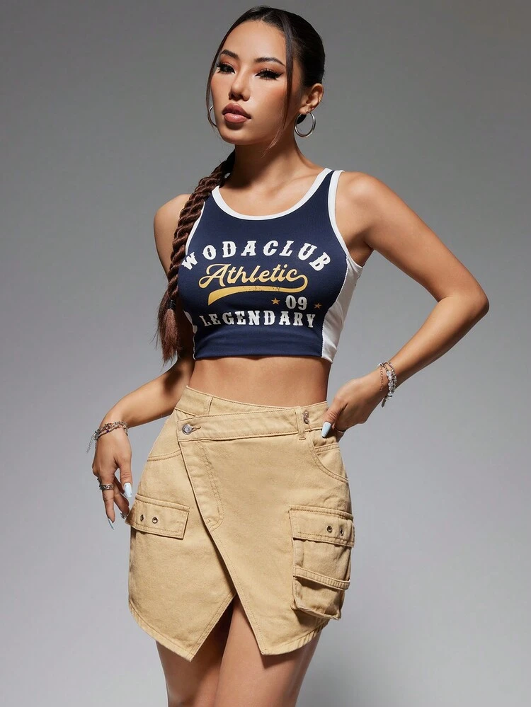 Solid Color Asymmetric Hem Denim Skirt With Flap Pockets