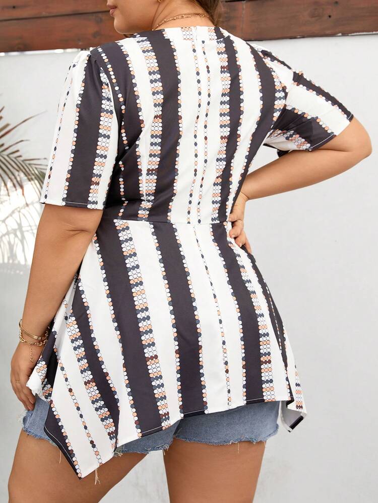 Plus Size Striped Round Neckline Shirt With Cinching Waist