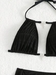 SHEIN Swim Solid Color Two-Piece Bikini Set Summer Beach - Black - View 4