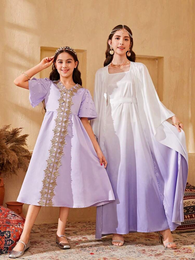 Tween Girls' Loose Cute V-Neck Geometric Patterned Belted Midi Dress