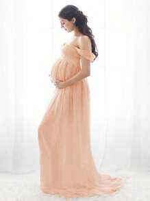 JustVH 孕妇装露肩开衩下摆连衣裙，适合孕妇拍摄 - 珊瑚粉 - 查看 5