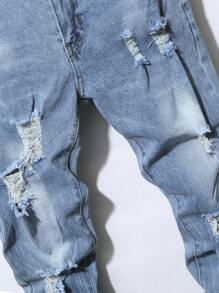 Manfinity LEGND 男士破洞抽鬚緊身牛仔褲 - 淺色水洗藍 - 查看 5