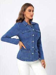SHEIN Privé Cazadora De Mezclilla De Manga Larga Con Múltiples Bolsillos Para Mujeres - Azul - Ver 5