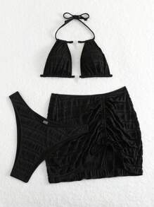 SHEIN Swim Solid Color Two-Piece Bikini Set Summer Beach - Black - View 5