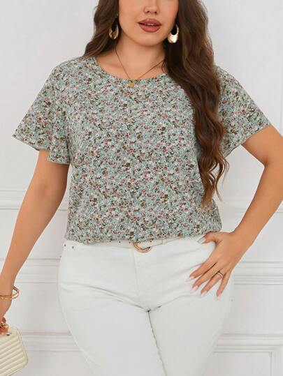 SHEIN Clasi Plus Size Women's Floral Printed Short Sleeve Floral Blouse For Summer