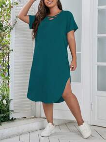 Calvaya Plus Crisscross Front Curved Hem Tee Dress - Teal Blue - View 6