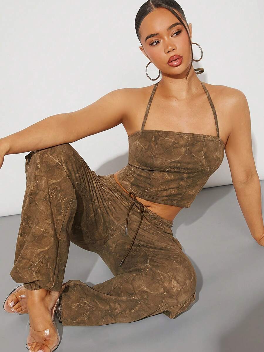 SHEIN Unity Crop Top & Cargo Jogger Pants Two Pieces Set - Dark Grey - View 1