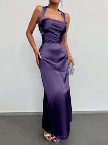 EURMUSE Women's Solid Color Backless Halter Neck Dress - Mauve Purple - View 5