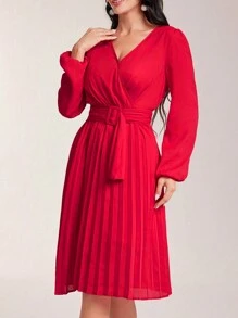 Chiquease 女性百褶下擺繫腰帶洋裝 - 紅色 - 查看 5