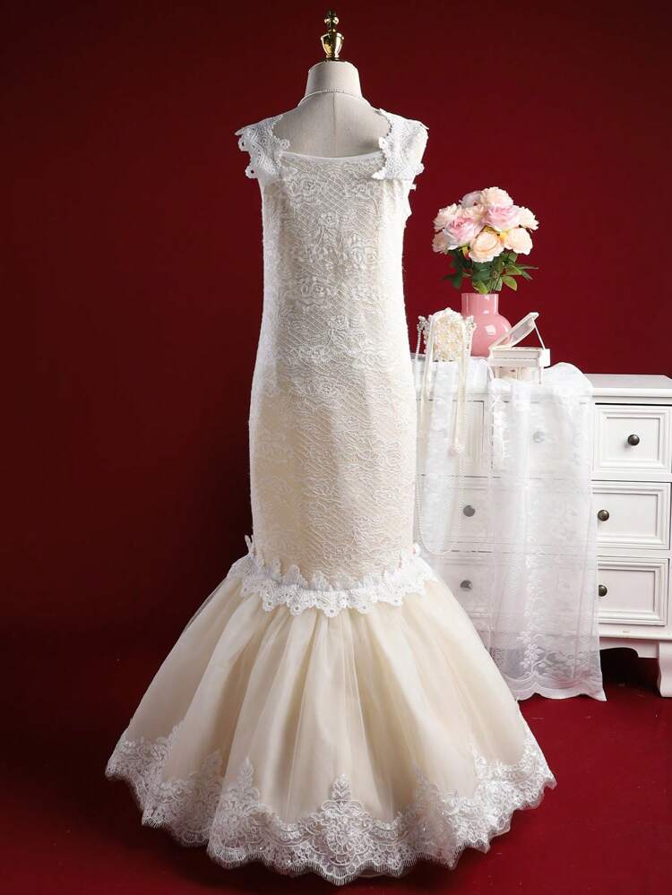 Tween Girl Elegant Lace Spaghetti Strap Mesh Princess Party Dress Suitable For Performance, Wedding, Evening Party, Birthday