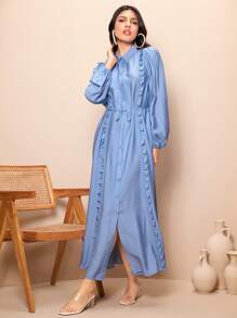Seusyu Solid Color Ruffle Trim Decorated Lantern Sleeve Dress - Blue - View 7