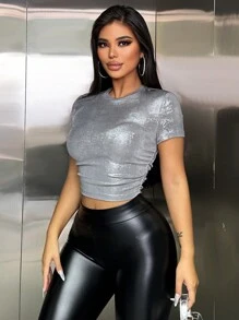 BamGleam Women's Metallic Texture Round Neck Short Sleeve T-Shirt - Silver - View 4