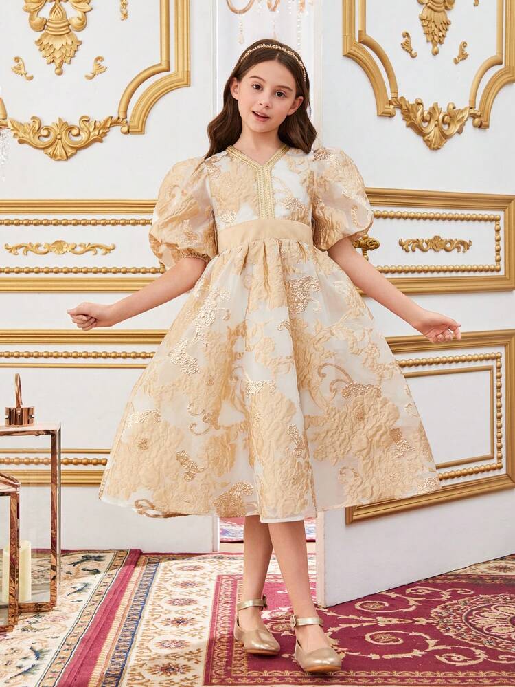 Tween Girl's Glamorous V-Neck Dress With Waist Defining A-Line Dress