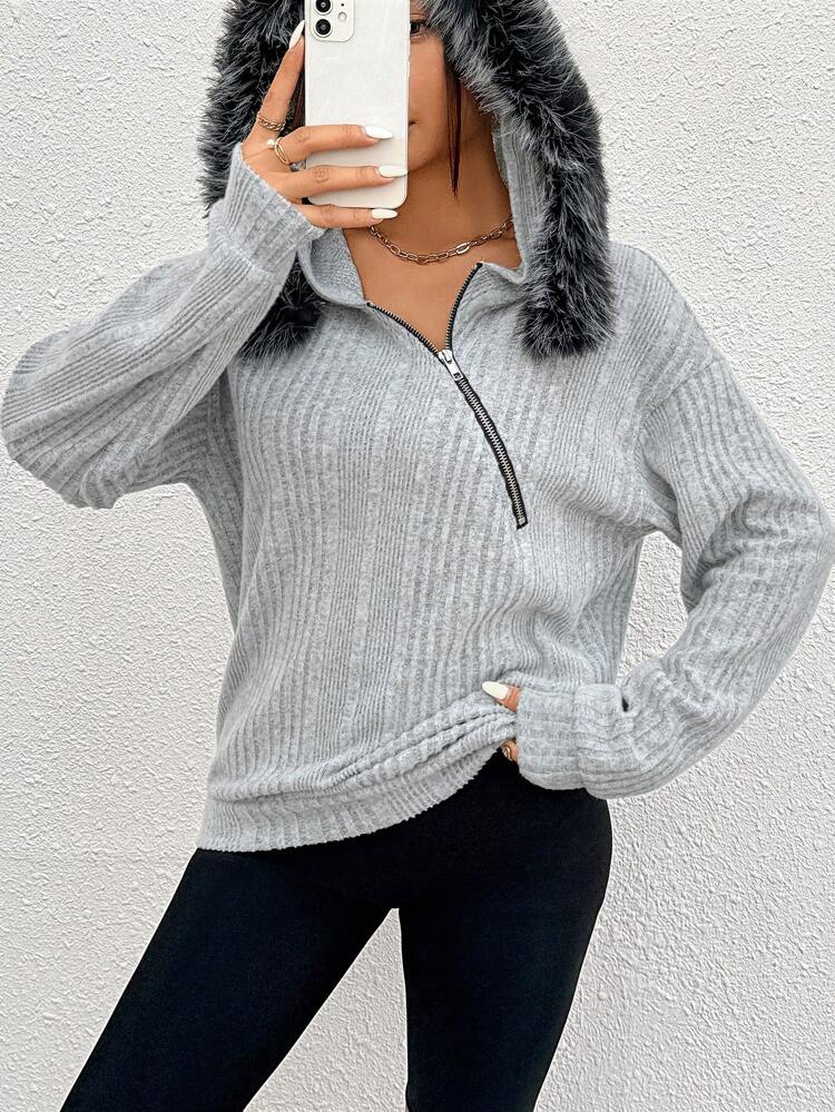 Ribbed Hoodie With Half Zip, Plush Edge Detail And Kangaroo Pocket