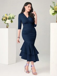 Modelyn Vestido ajustado y ampón de unicolor con cuello en V, dobladillo con volante y vestido de cola de pez para vestidos largos de noche - Azul Marino - Ver 4