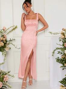 SHEIN Unity Tie Strap Ruched Bust Split Dress - Pink - View 4