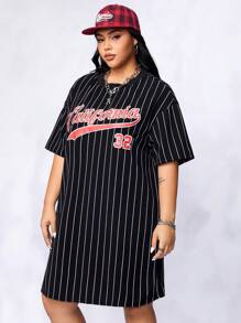SHEIN EZwear Váy thun hở vai họa tiết sọc và chữ cho mùa hè - màu đen - Xem 4