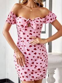 Aveloria Women's Heart Print Tie Front Off Shoulder Short Sleeve Dress