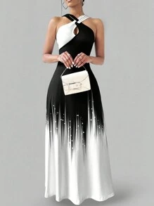 EMERY ROSE Vestido de verano sin mangas con cruces y bloques de color para mujer - Blanco y Negro - Ver 3