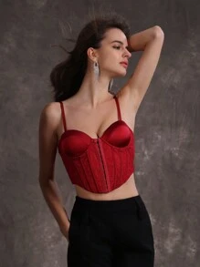 Anewsta Top Corto De Encaje Con Parche De Color Sólido - Burdeos - Ver 6