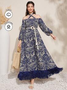 Al Najma Full Print Crisscross Halter Lantern Sleeve Fuzzy Hemline Dress, Belt Not Included - Blue - View 1