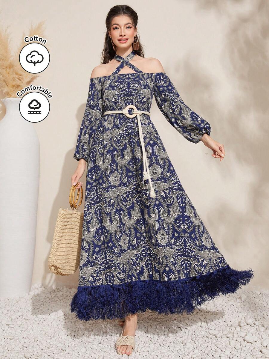 Al Najma Full Print Crisscross Halter Lantern Sleeve Fuzzy Hemline Dress, Belt Not Included - Blue - View 1