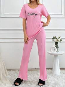 RueChic 2入組女士感謝印花細節家居服套裝 - 粉色 - 查看 3