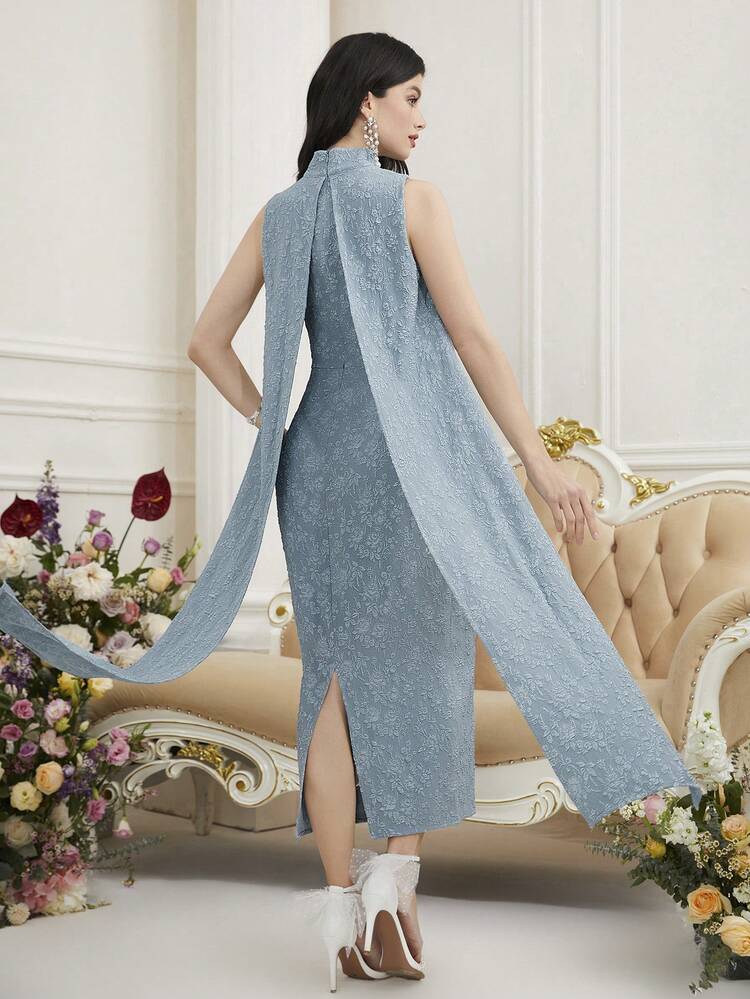 Jacquard Strap Stand Collar Sleeveless Bodycon Dress With Ribbon Detail Long Evening Dresses