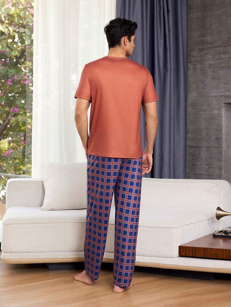 Conjunto De Camiseta De Manga Curta E Calça Longa Xadrez De Cor Sólida Para Homem, Para Uso Doméstico