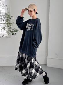 FRIFUL فستان بنمط مربعات ومطبوع عليه حروف، ملابس خريفية