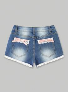 ROMWE Kawaii Quần short denim ren tương phản đã giặt, đi học - Màu xanh lam - Xem 1