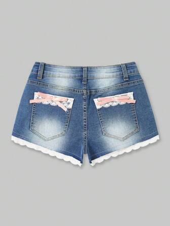 Kawaii Pantalones cortos vaqueros con encaje en contraste lavados, para la escuela