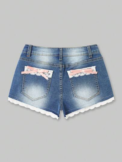 Kawaii Pantaloncini in jeans con pizzo lavato a contrasto, per la scuola