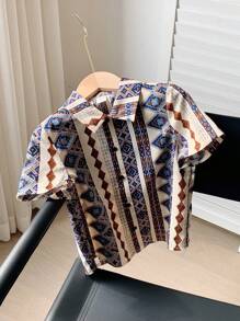 SHEIN LMoss Kids Young Boy Casual Comfortable Vintage Floral Pattern Breathable Short Sleeve Shirt For Daily, School, Travel, Spring Summer Season - Multicolor - View 2