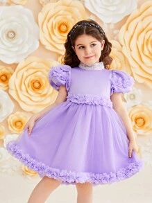 SHEIN Leap Crew 少女 1入組 華麗圓領3d花 & 網紗拼接裙 - 紫色 - 查看 2