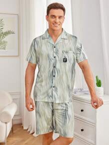 Men's Printed Button Down Short Sleeve Shirt With Pocket And Shorts Homewear Set