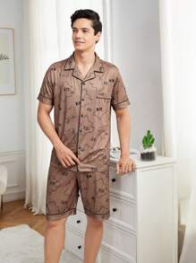 Men's Bear Printed Short Sleeve Top & Shorts Summer Homewear Set With Collar