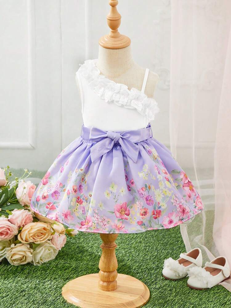 Baby Girl Casual Vacation Style Spliced Organza Ruffle Strap Top, Flower Print Skirt & Waist Belt Set