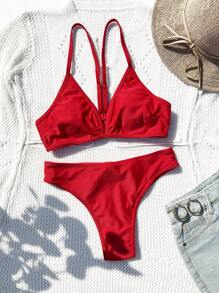 SHEIN Swim Bộ Bikini Hai Mảnh Màu Trơn Dành Cho Nữ, Bộ Bikini Thông Bộ Trang Phục Đồ Bơi Đi Biển Bộ Đồ Tắm Lễ Hội Âm Nhạc Bãi Biển Mùa Hè - Đỏ - Xem 4