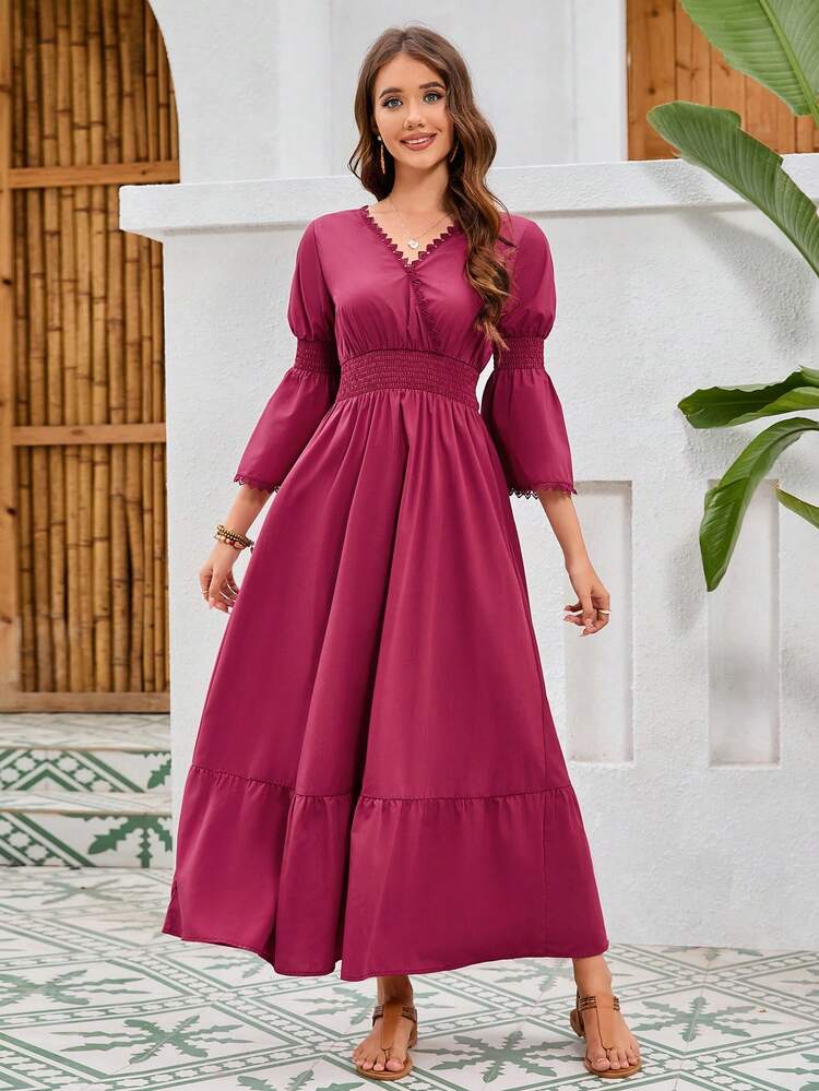 Burgundy Red Women's Contrast Lace Waist Shirred Trumpet Sleeve Arabian Dress