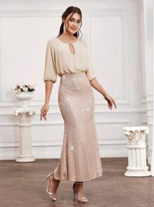SHEIN BAE Vestido De Dama De Honra Com Patchwork Brilhante, Bainha De Sereia E Mangas De Lanterna - Champagne - Ver 4