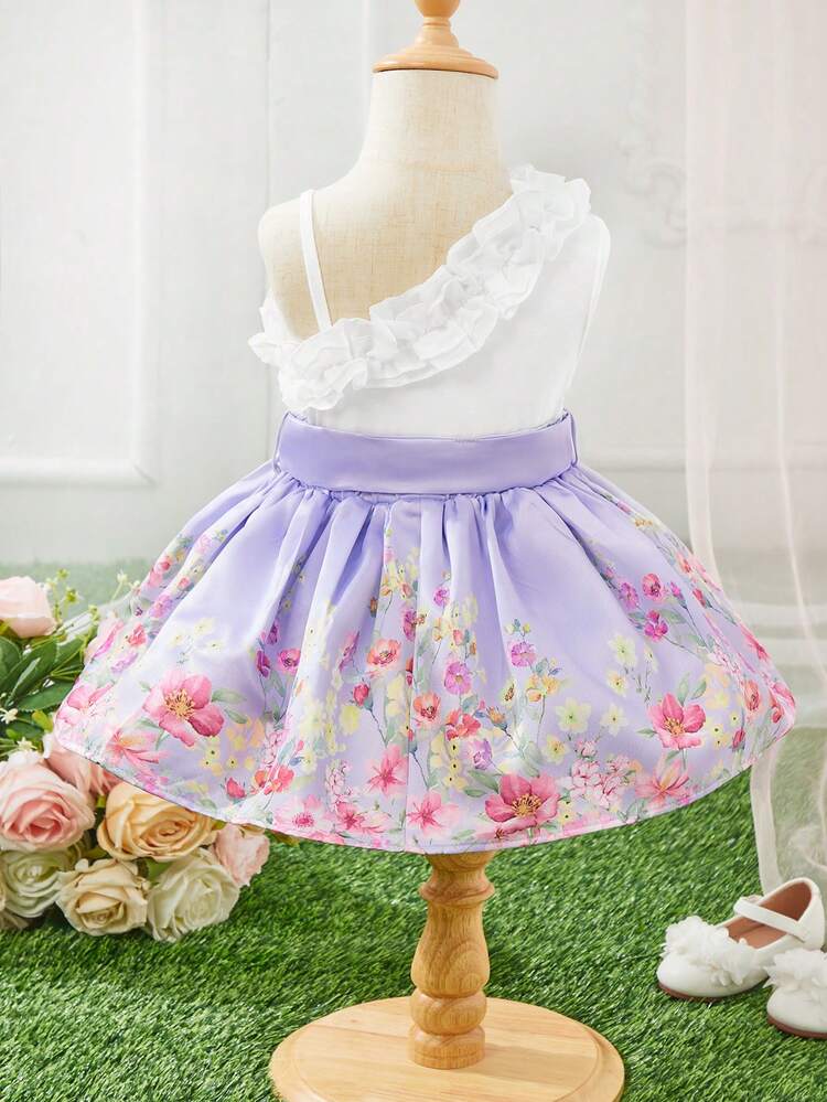 Baby Girl Casual Vacation Style Spliced Organza Ruffle Strap Top, Flower Print Skirt & Waist Belt Set