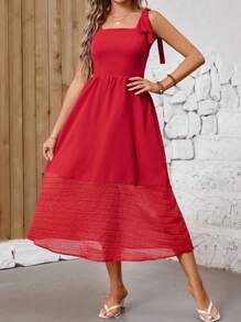 SHEIN Clasi Solid Color Patchwork Hem Cami Dress - Red - View 1