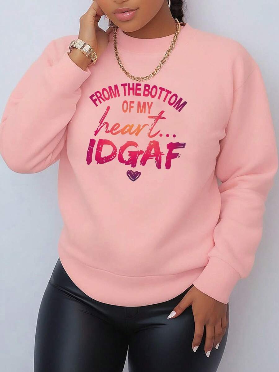 Maweii Của phụ nữ Kích thước lớn Vòng cổ Áo nỉ Với In Khẩu hiệu - Hồng - Xem 1