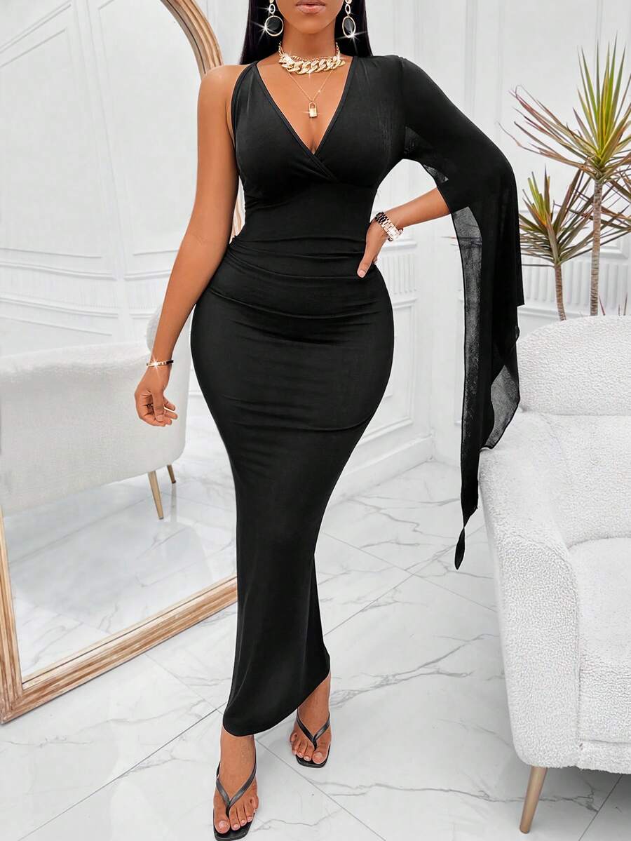 Criss Cross Backless Split Sleeve Ruched Bodycon Dress - Black - View 1