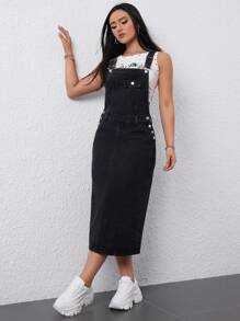 SHEIN EZwear Women's Denim Overall Dress - Black - View 1