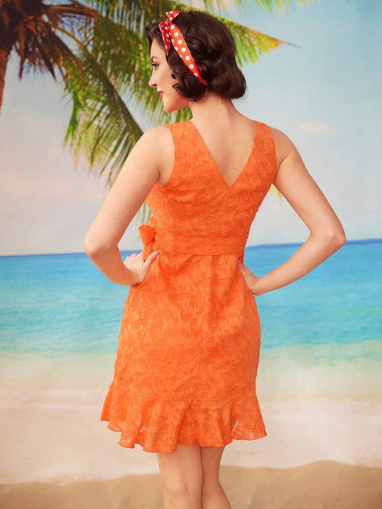 Vintage Island Style Vacation Dress With Ruffled Hem And Decorative Edging, Spring/Summer Bow Sundress